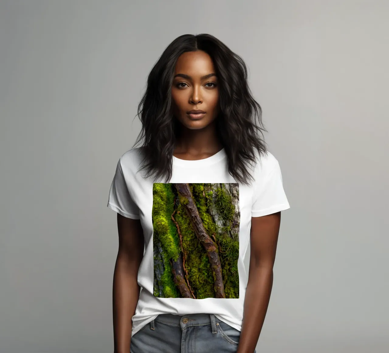 Moss-covered tree bark with twisting branches in a forest women's fitted t-shirt by DesignDoodle