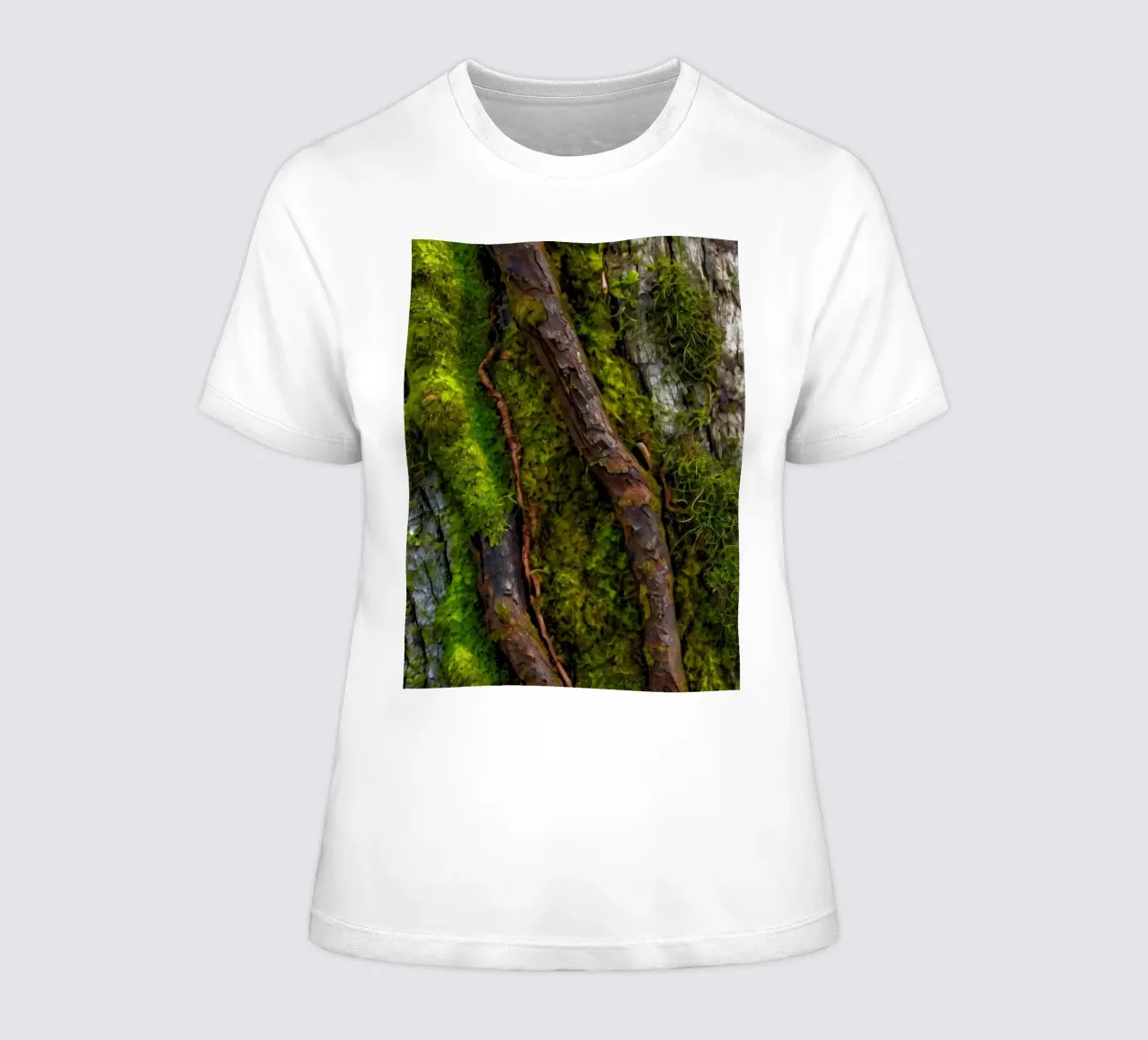 Moss-covered tree bark with twisting branches in a forest women's fitted t-shirt by DesignDoodle
