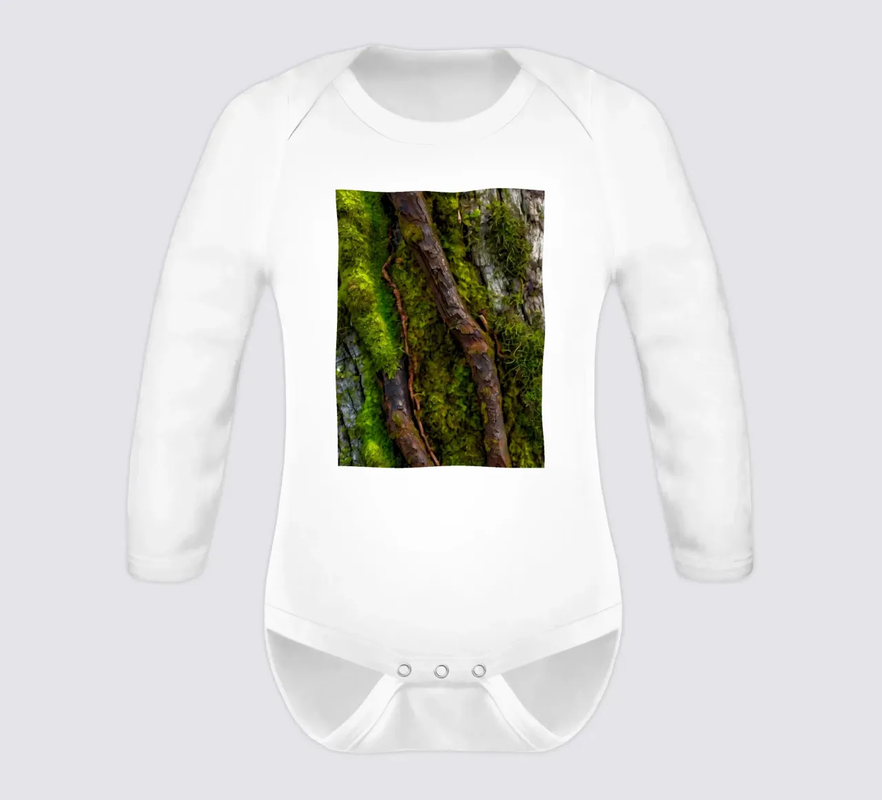 Moss-covered tree bark with twisting branches in a forest long-sleeve baby romper by DesignDoodle
