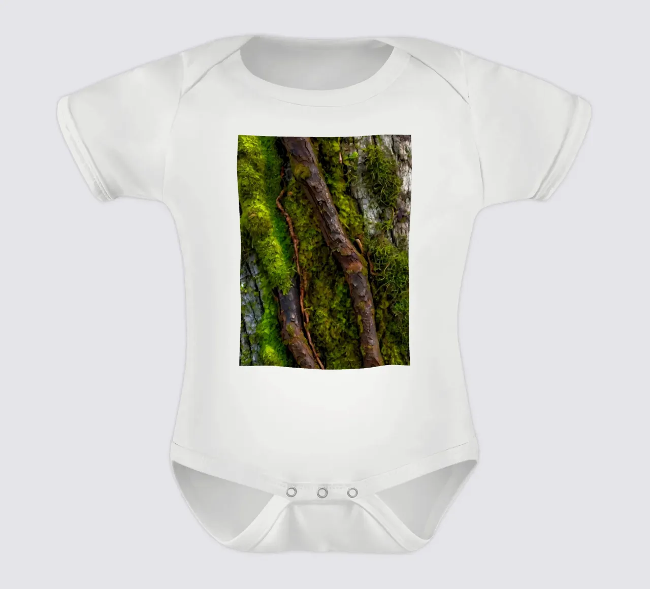 Moss-covered tree bark with twisting branches in a forest short-sleeve baby romper by DesignDoodle