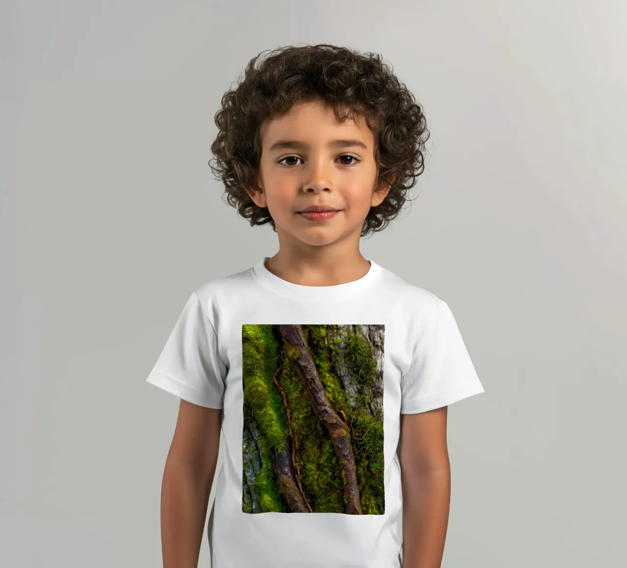 Moss-covered tree bark with twisting branches in a forest kids t-shirt by DesignDoodle