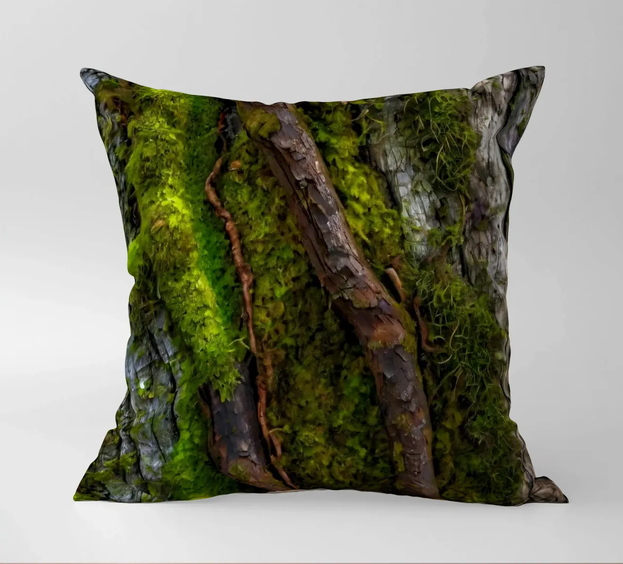Moss-covered tree bark with twisting branches in a forest decorative cushion by DesignDoodle