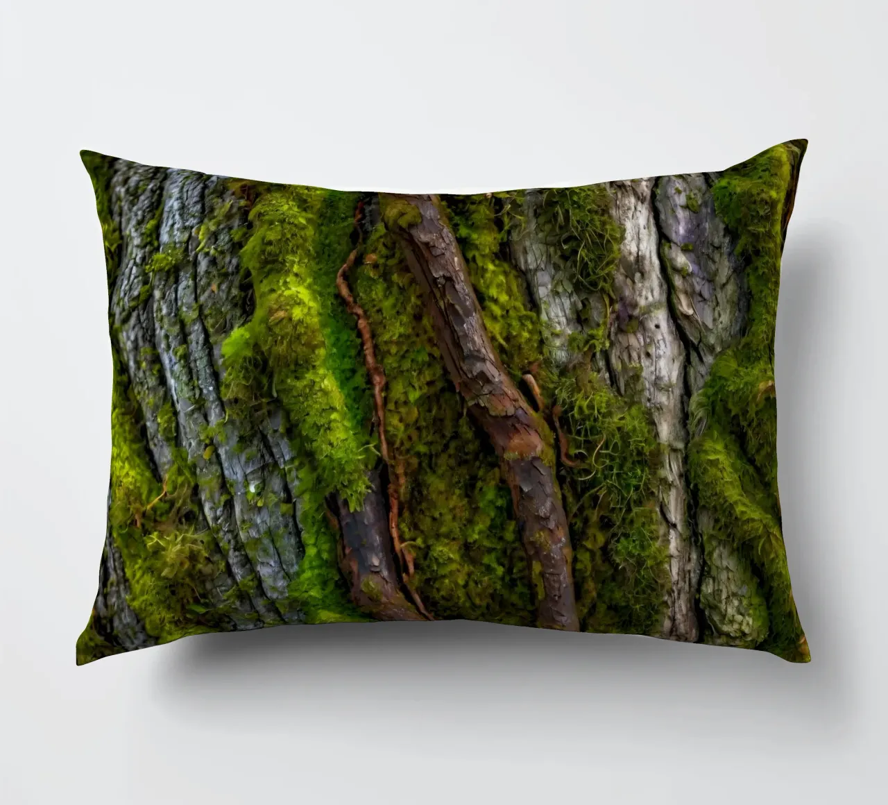 Moss-covered tree bark with twisting branches in a forest decorative cushion by DesignDoodle
