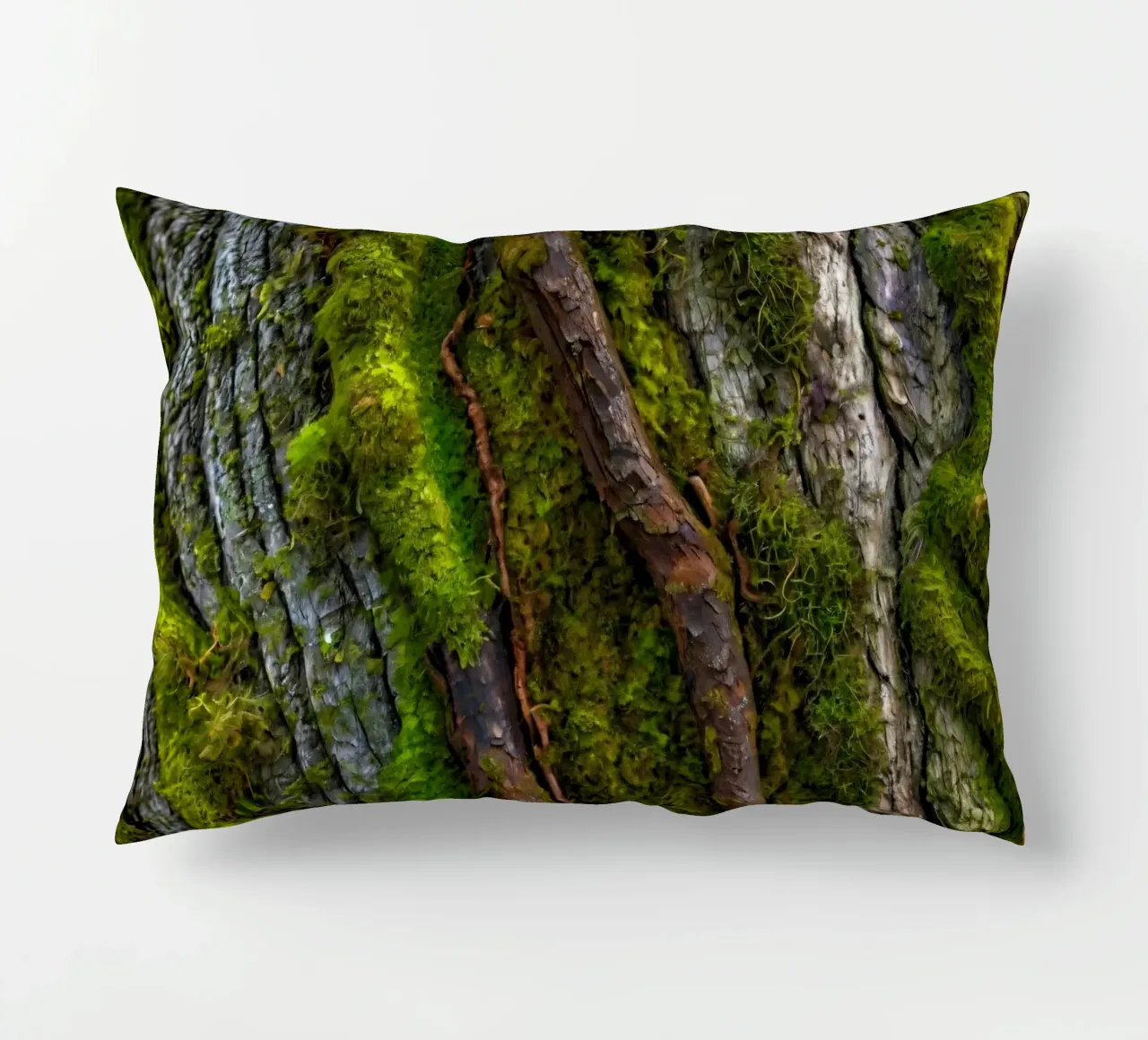 Moss-covered tree bark with twisting branches in a forest decorative cushion by DesignDoodle