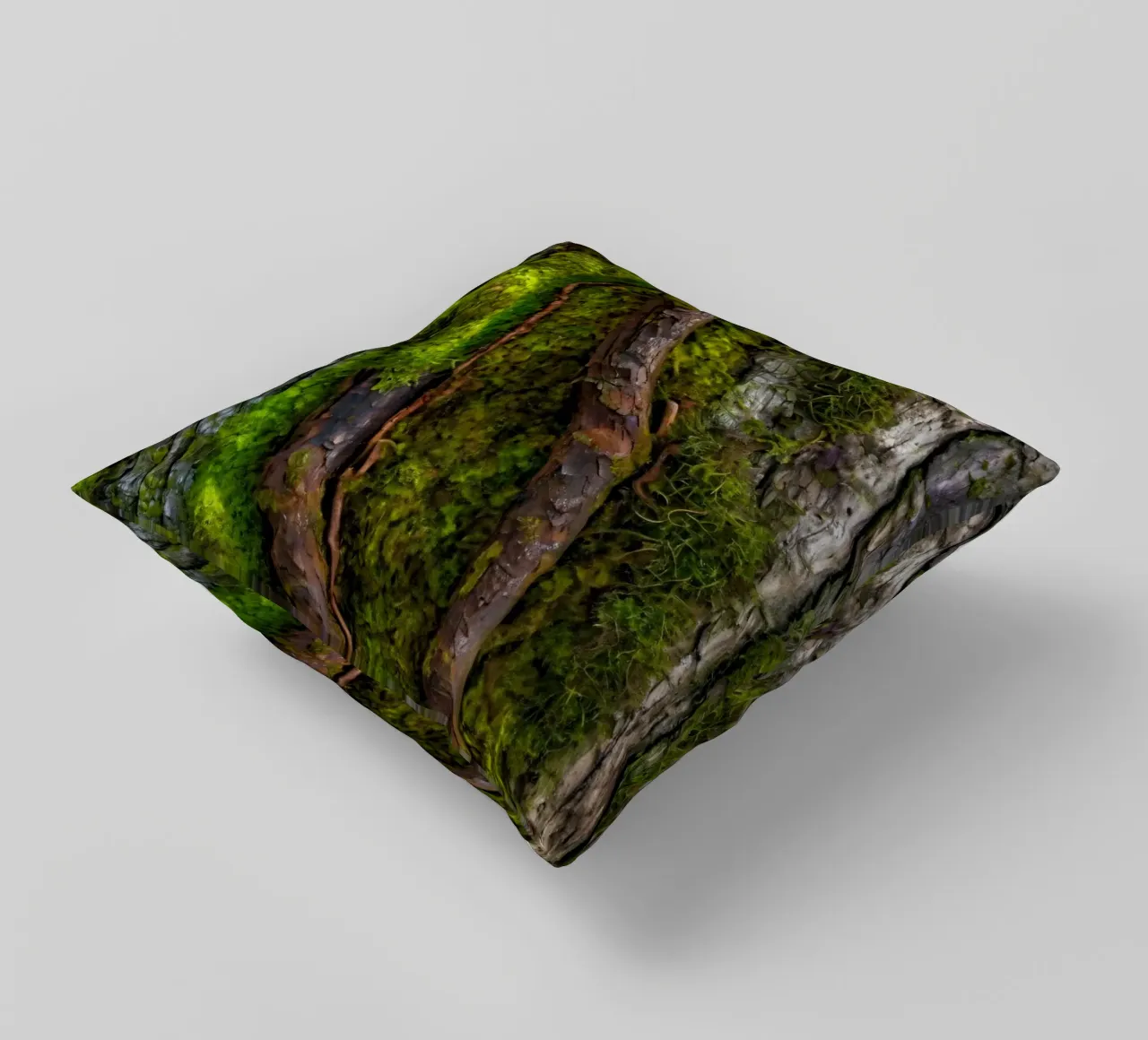 Moss-covered tree bark with twisting branches in a forest decorative cushion by DesignDoodle