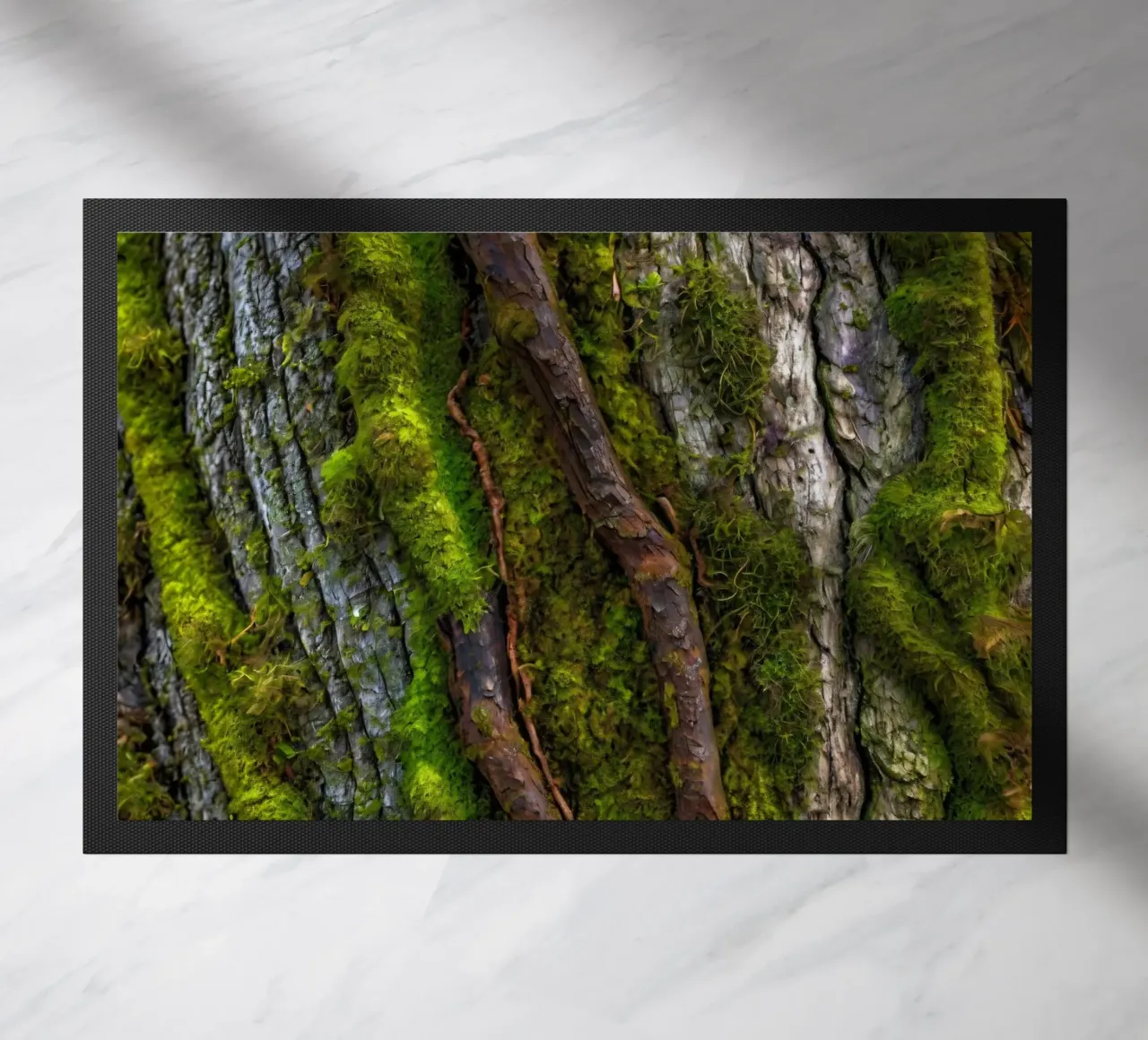 Moss-covered tree bark with twisting branches in a forest doormat by DesignDoodle
