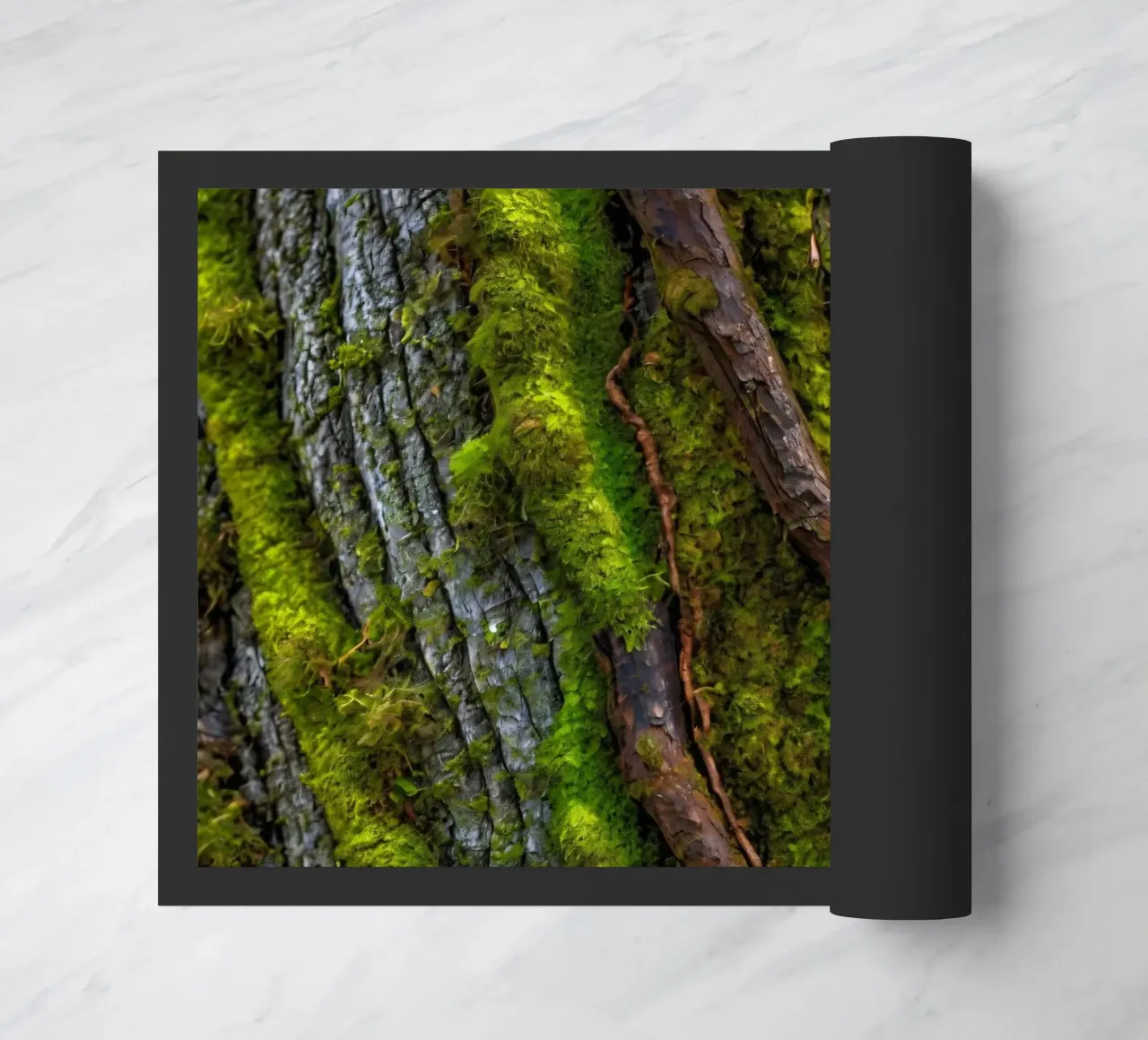 Moss-covered tree bark with twisting branches in a forest doormat by DesignDoodle