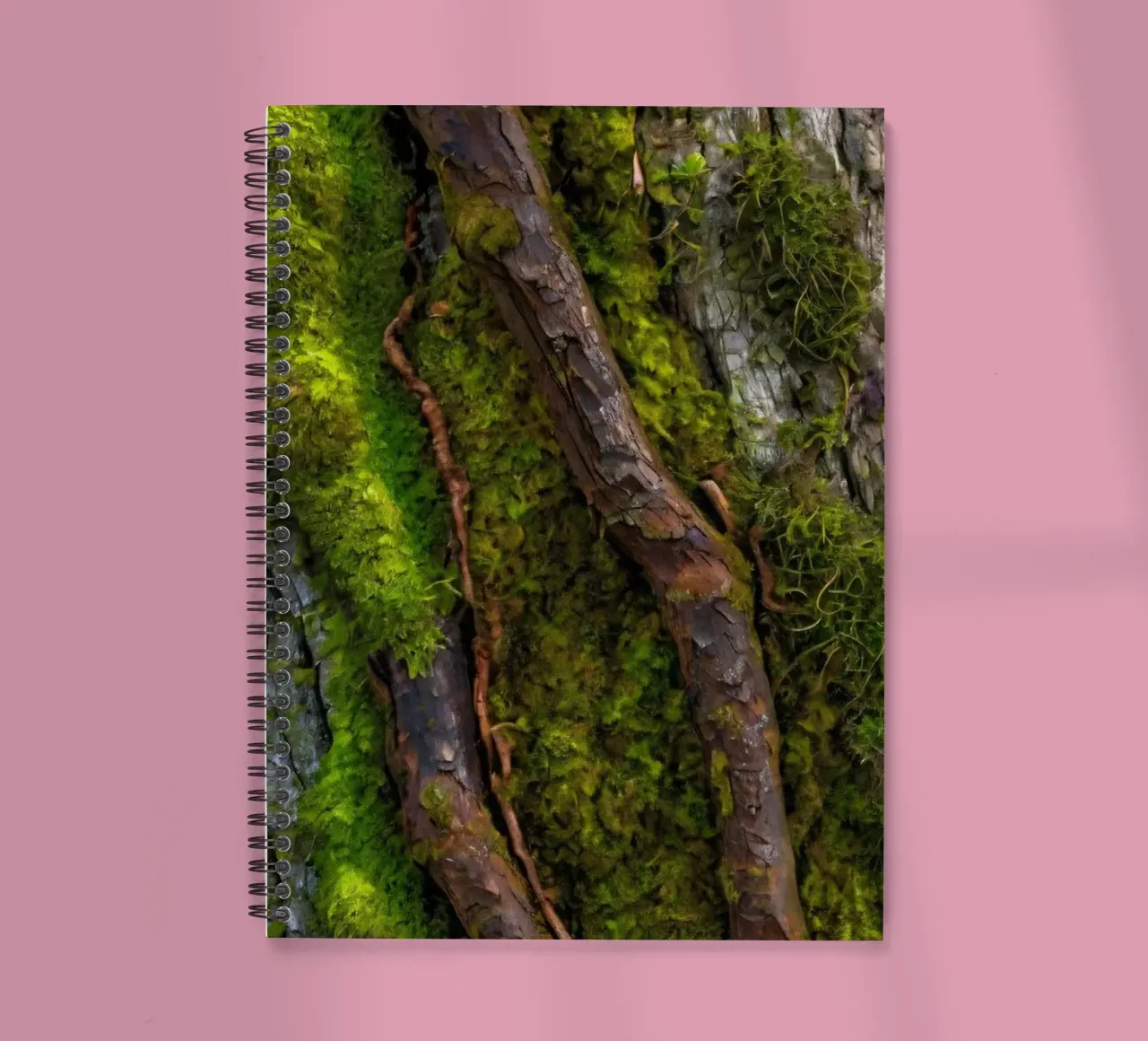 Moss-covered tree bark with twisting branches in a forest spiral notebook by DesignDoodle