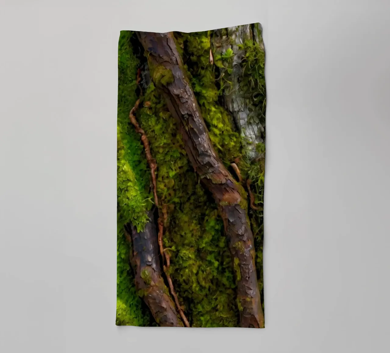 Moss-covered tree bark with twisting branches in a forest towel by DesignDoodle