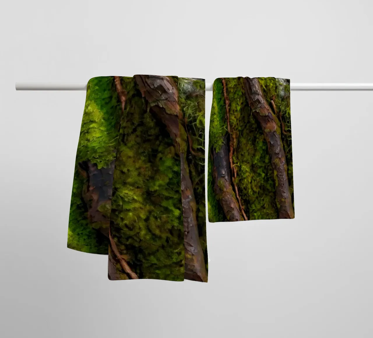 Moss-covered tree bark with twisting branches in a forest towel by DesignDoodle