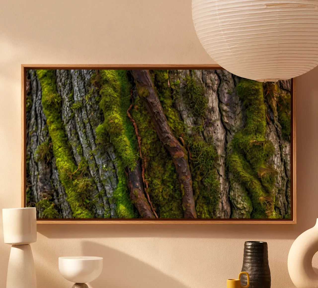 Moss-covered tree bark with twisting branches in a forest canvas by DesignDoodle