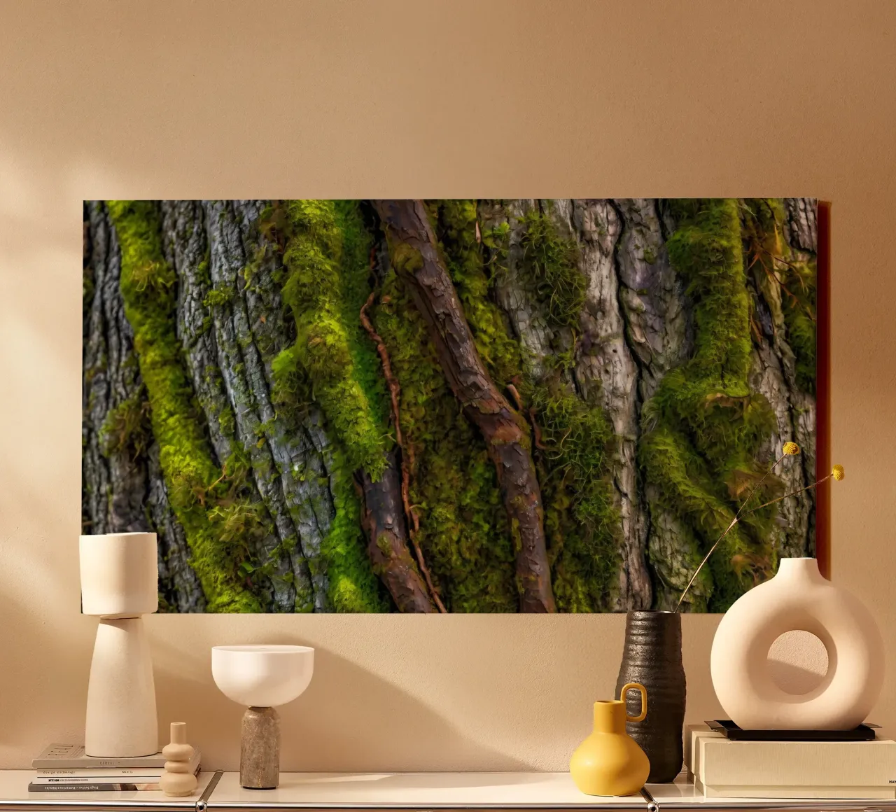 Moss-covered tree bark with twisting branches in a forest canvas by DesignDoodle