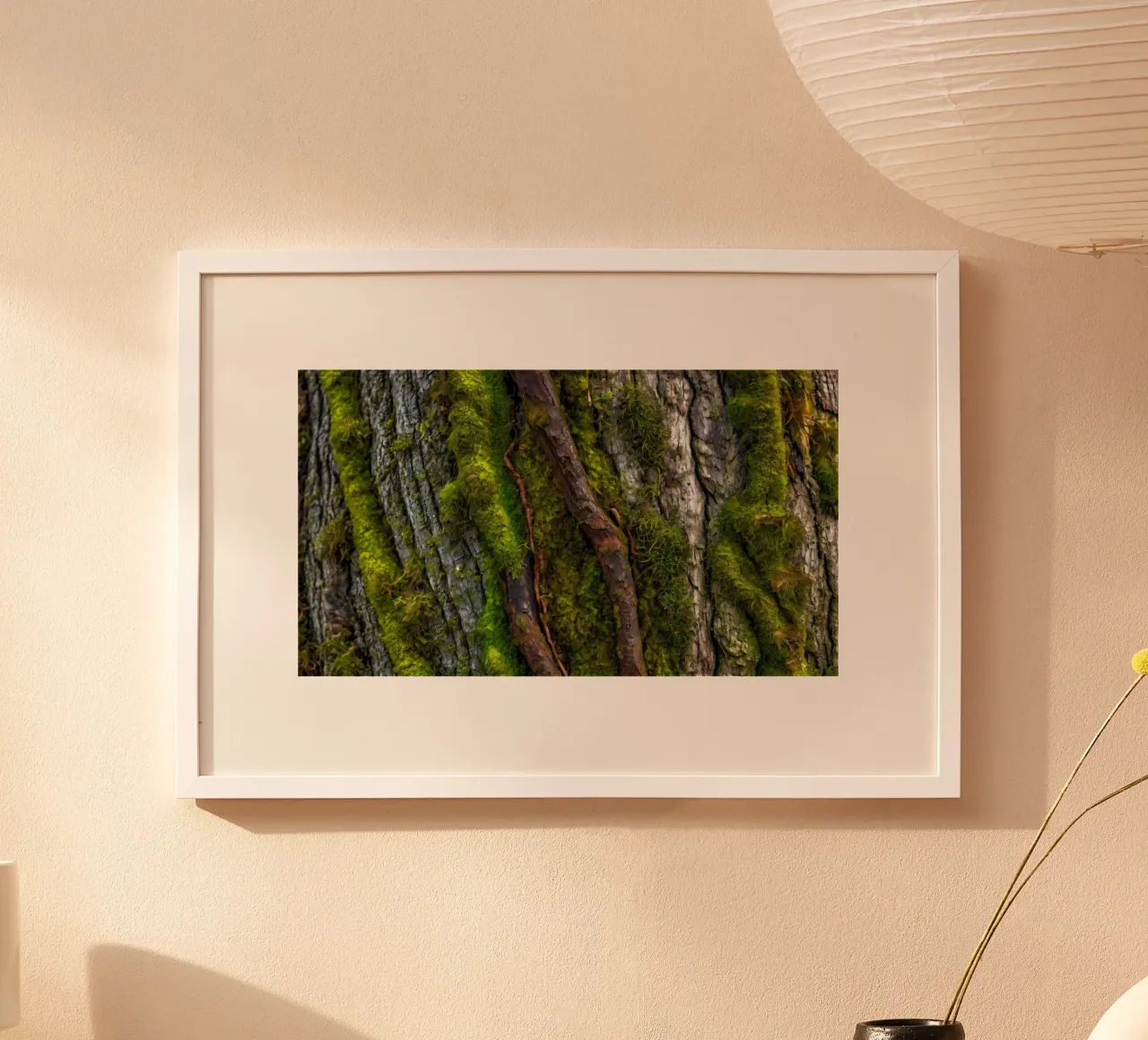 Moss-covered tree bark with twisting branches in a forest hahnemühle by DesignDoodle