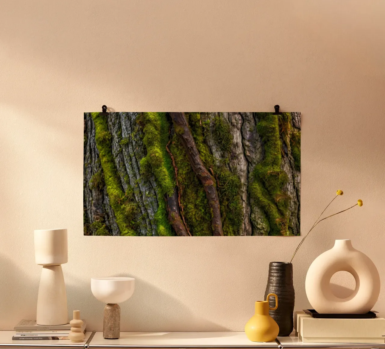 Moss-covered tree bark with twisting branches in a forest hahnemühle by DesignDoodle