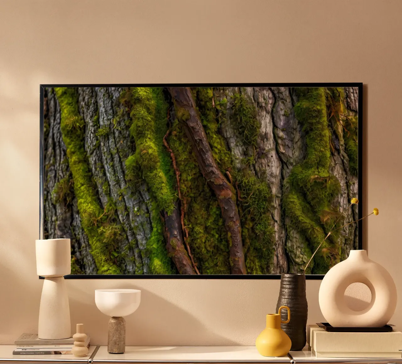 Moss-covered tree bark with twisting branches in a forest hahnemühle by DesignDoodle