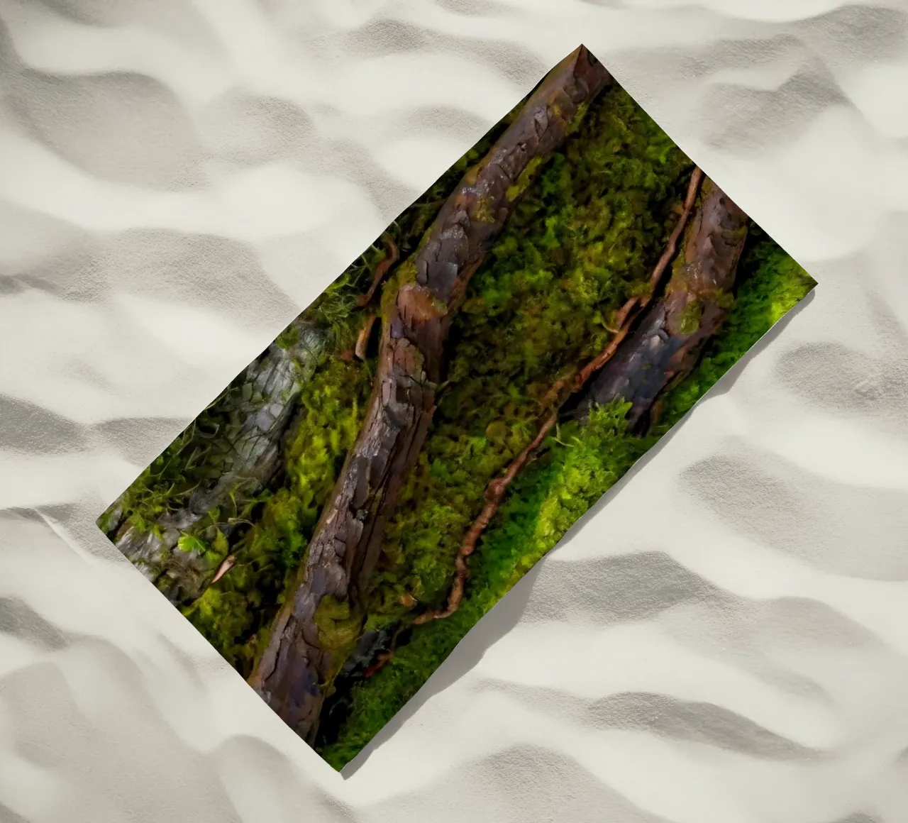 Moss-covered tree bark with twisting branches in a forest beach towel by DesignDoodle