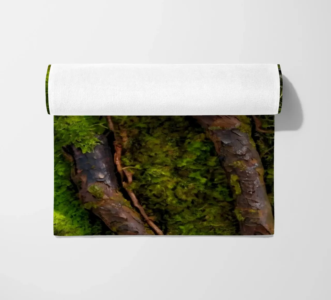 Moss-covered tree bark with twisting branches in a forest beach towel by DesignDoodle