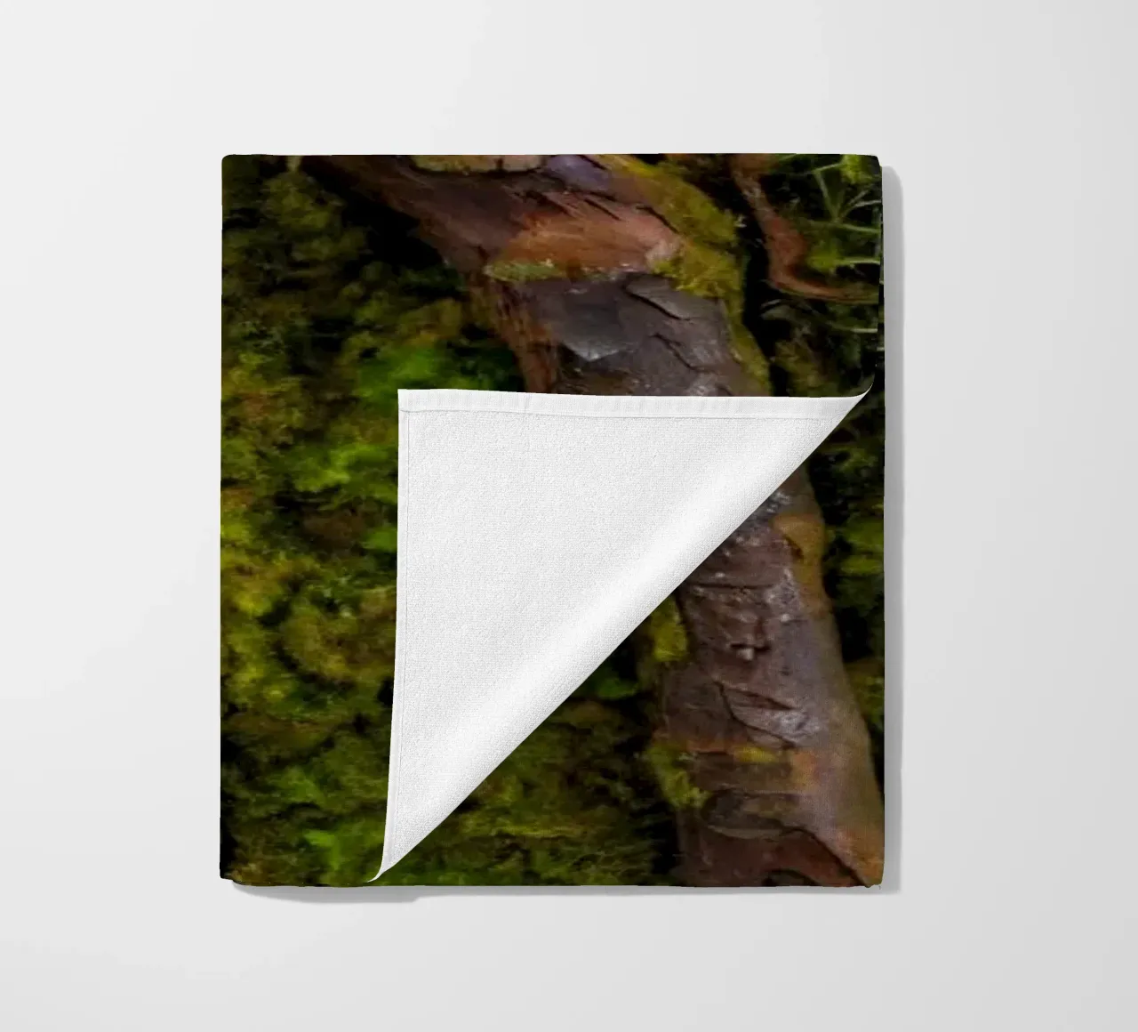Moss-covered tree bark with twisting branches in a forest beach towel by DesignDoodle