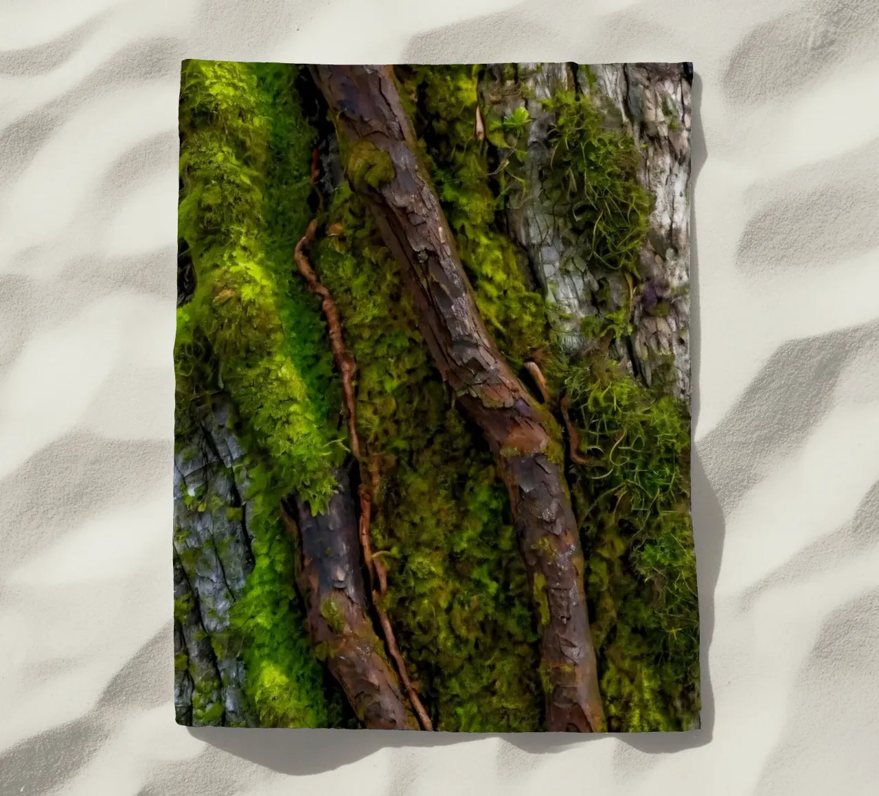 Moss-covered tree bark with twisting branches in a forest beach towel by DesignDoodle