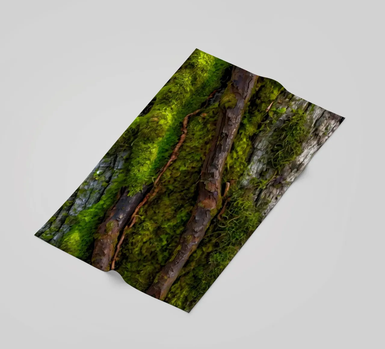 Moss-covered tree bark with twisting branches in a forest beach towel by DesignDoodle