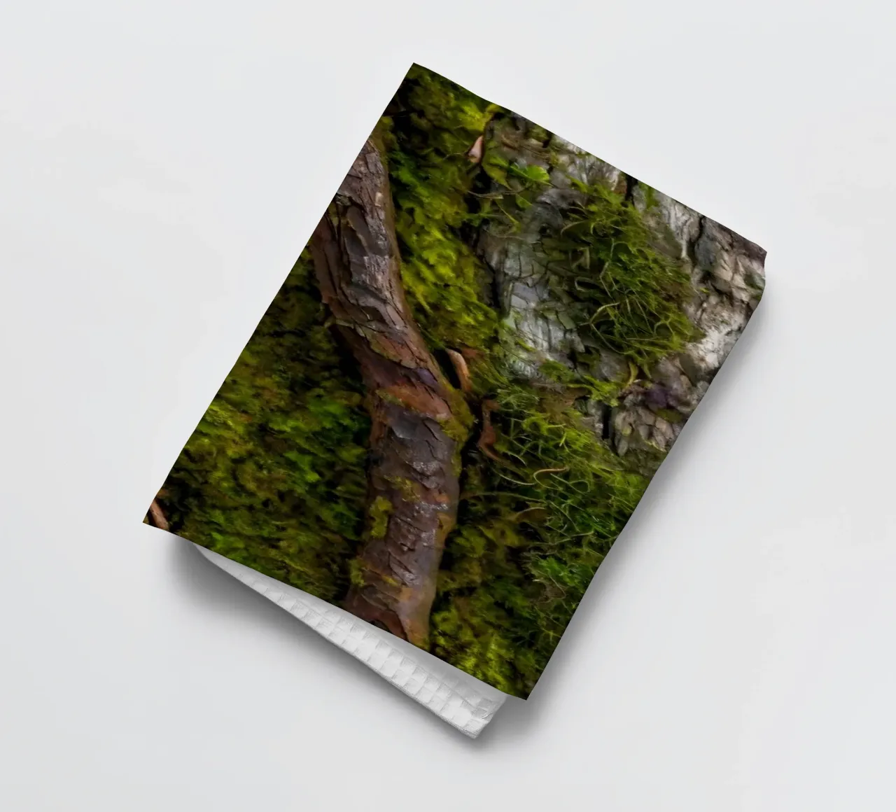 Moss-covered tree bark with twisting branches in a forest tea towel by DesignDoodle