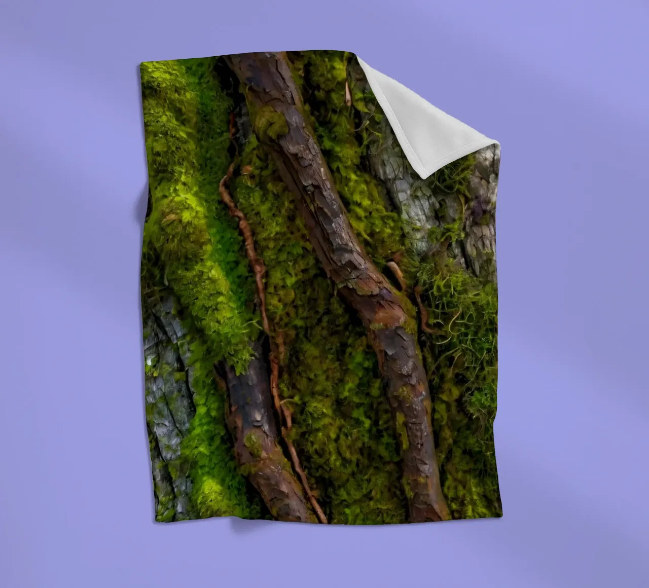 Moss-covered tree bark with twisting branches in a forest fleece blanket by DesignDoodle
