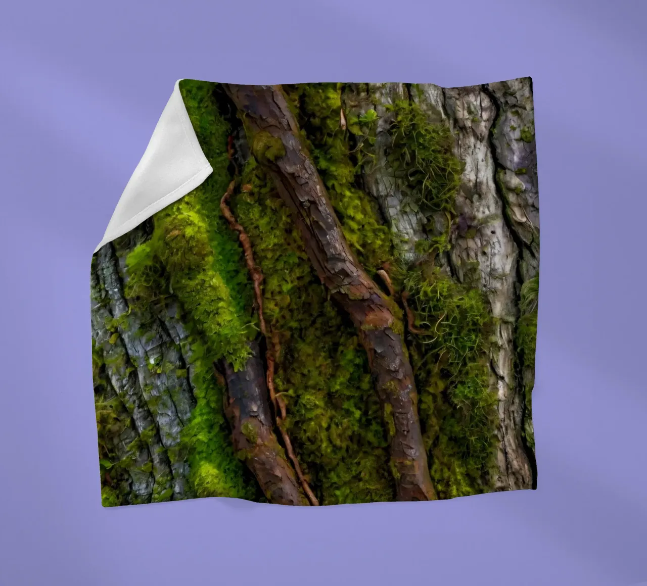 Moss-covered tree bark with twisting branches in a forest fleece blanket by DesignDoodle