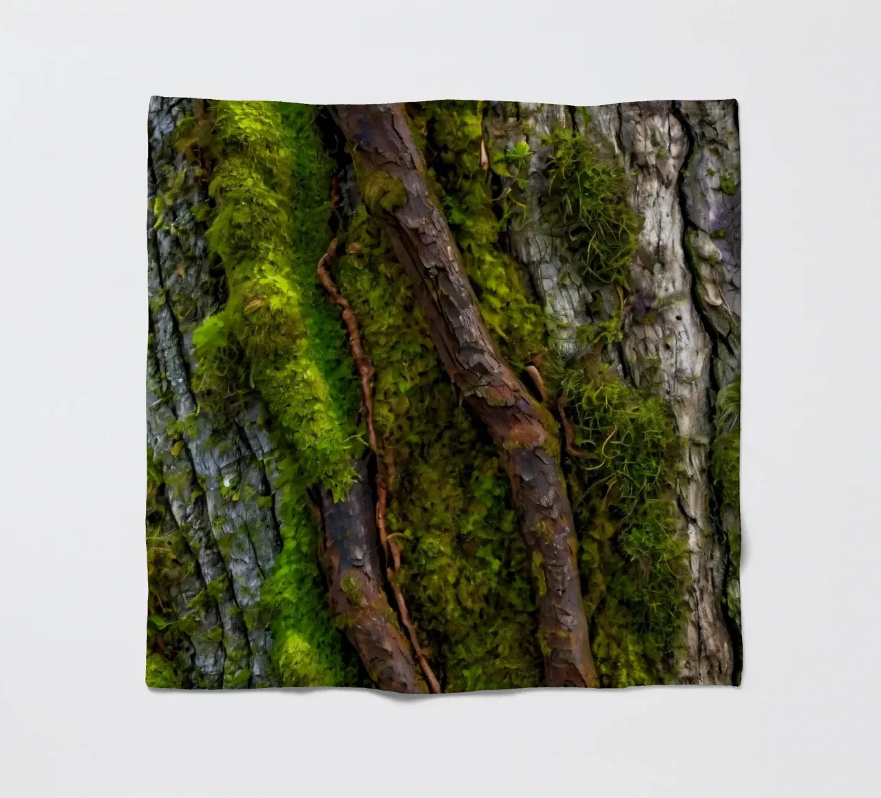 Moss-covered tree bark with twisting branches in a forest fleece blanket by DesignDoodle