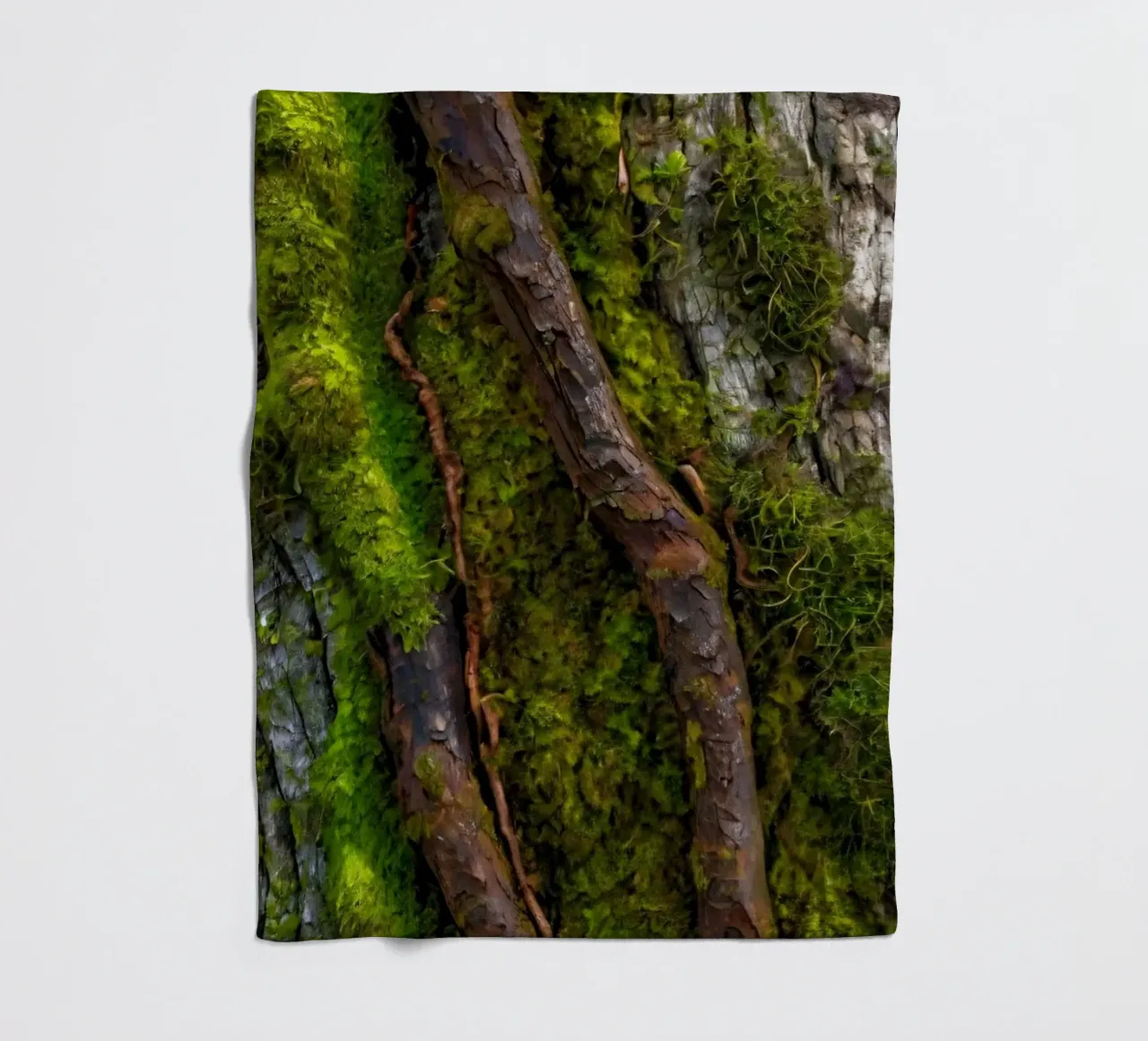 Moss-covered tree bark with twisting branches in a forest fleece blanket by DesignDoodle