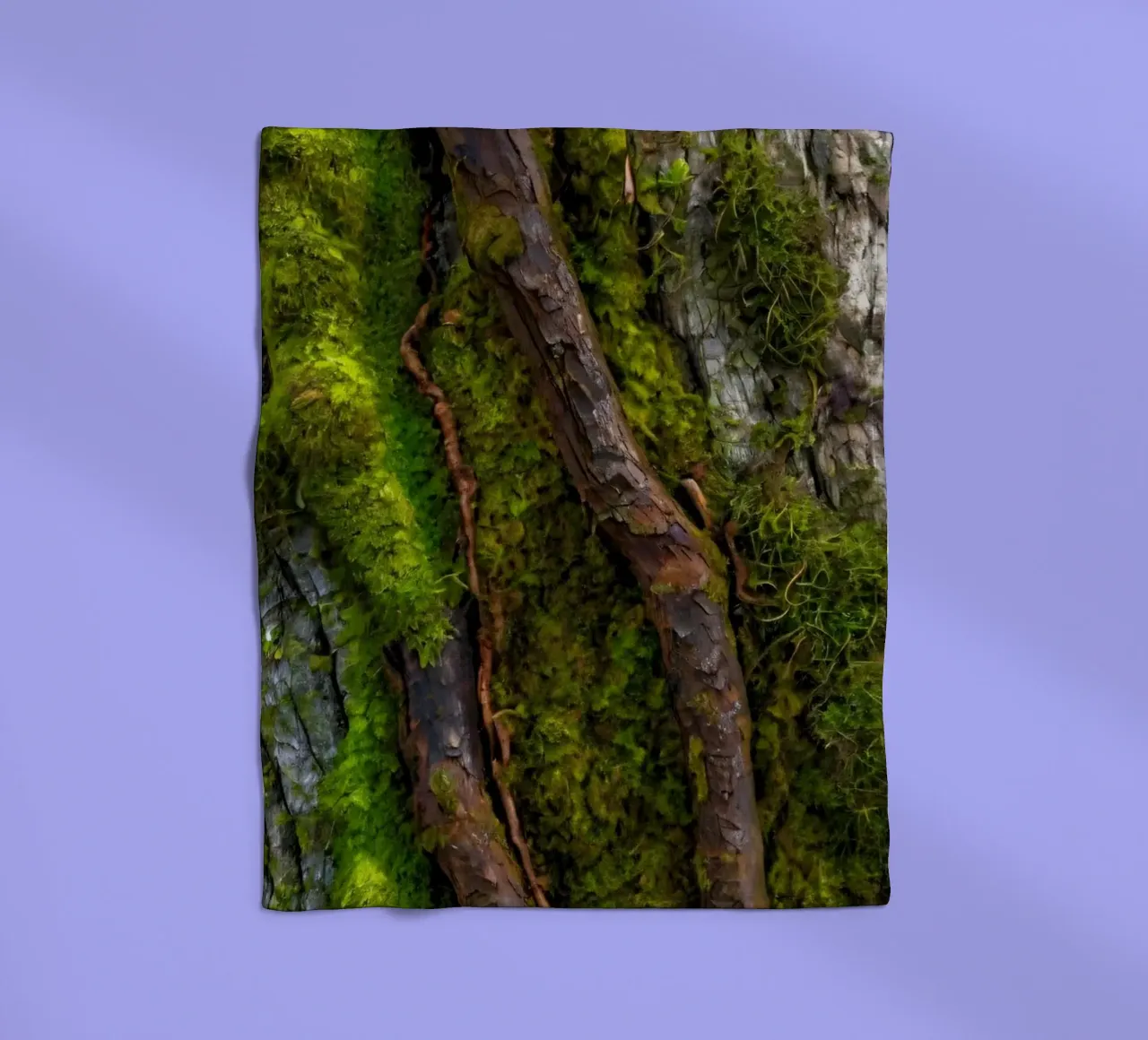 Moss-covered tree bark with twisting branches in a forest fleece blanket by DesignDoodle