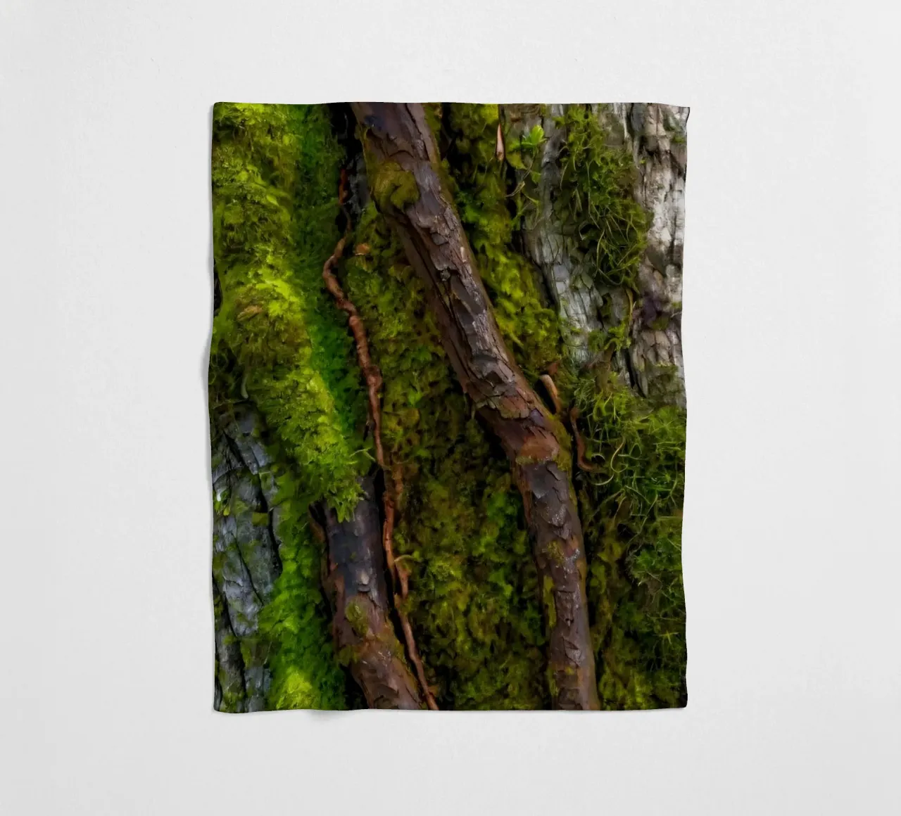 Moss-covered tree bark with twisting branches in a forest fleece blanket by DesignDoodle
