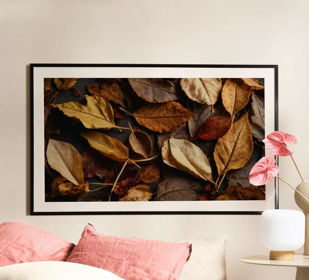 autumn leaves in various shades spread across a dark surface hahnemühle by DesignDoodle