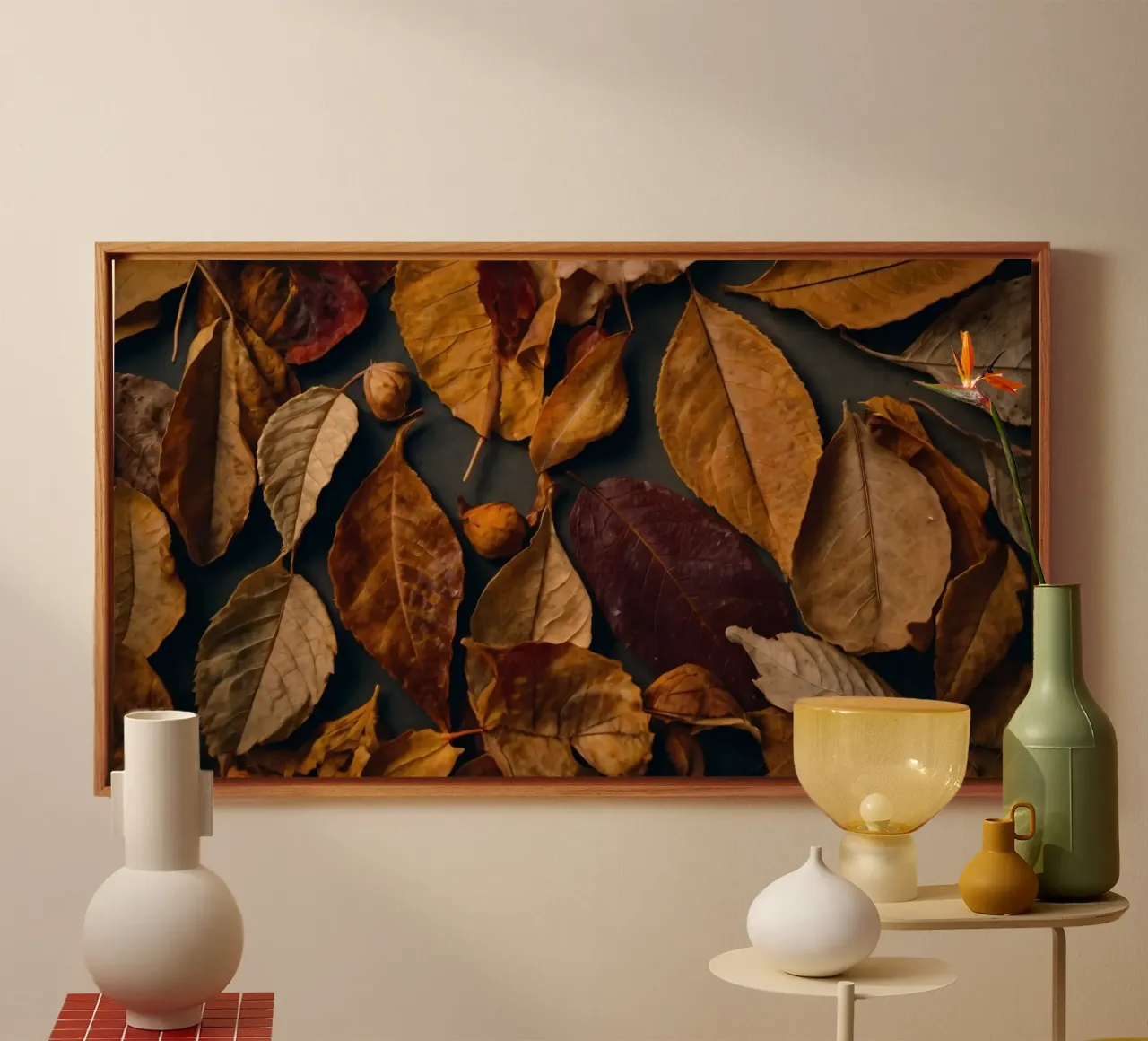 cozy autumn leaves spread create a vibrant seasonal display canvas with Floater frame by DesignDoodle