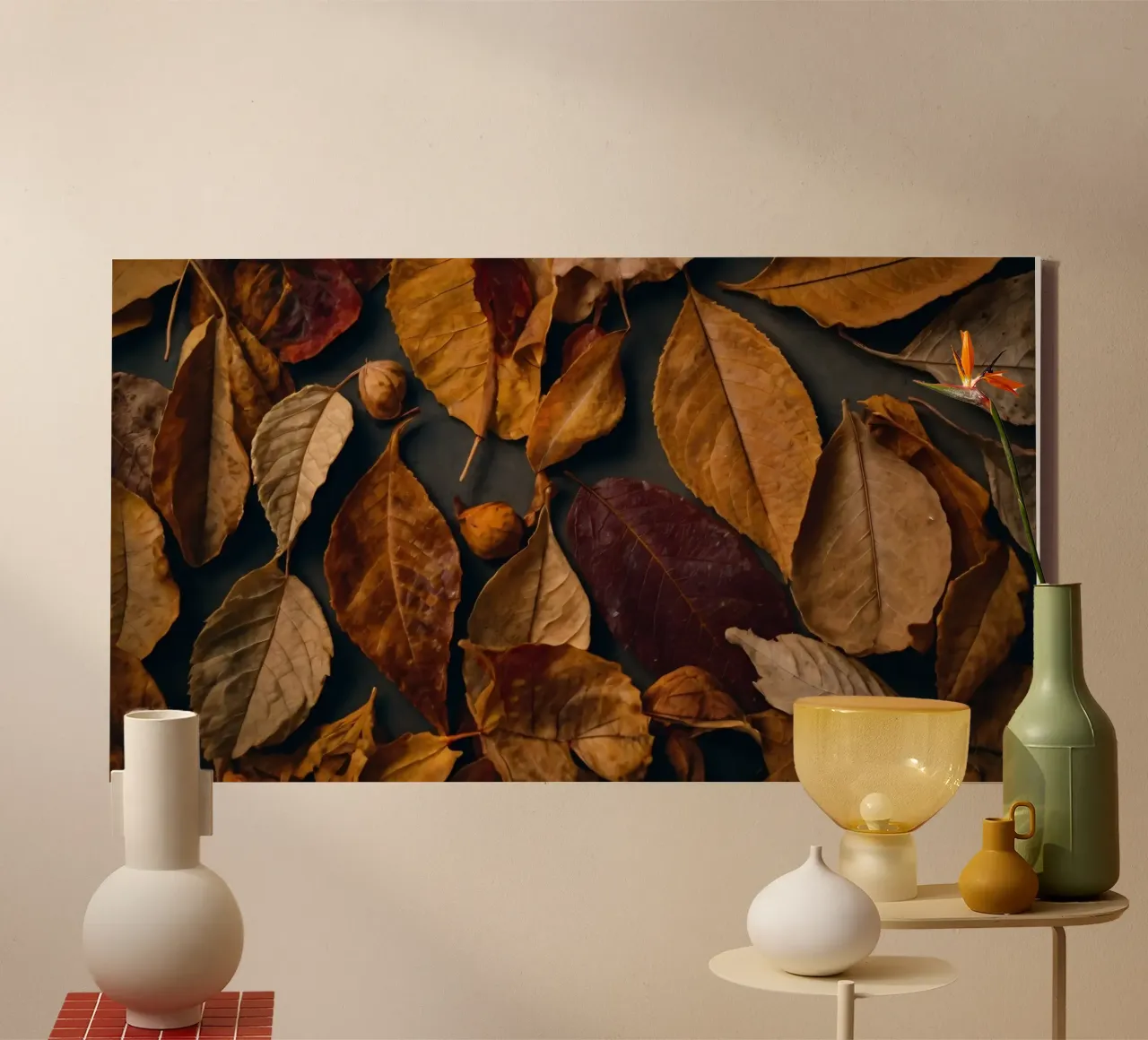 cozy autumn leaves spread create a vibrant seasonal display canvas with Floater frame by DesignDoodle