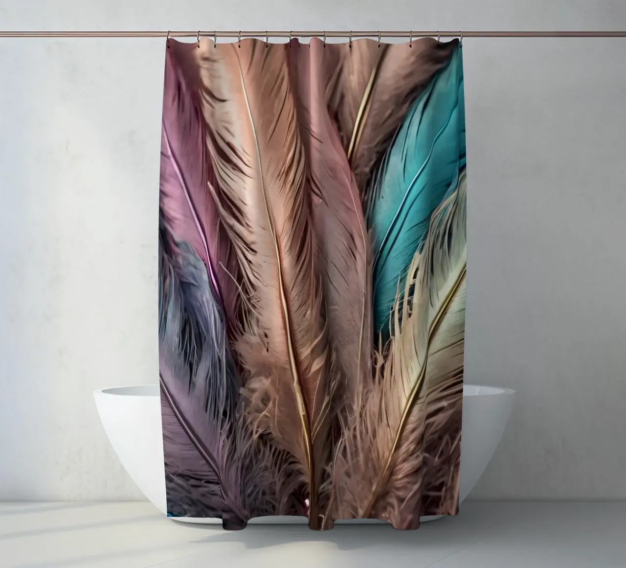 Collezione di piume colorate esposte in modo creativo tenda da doccia da DesignDoodle