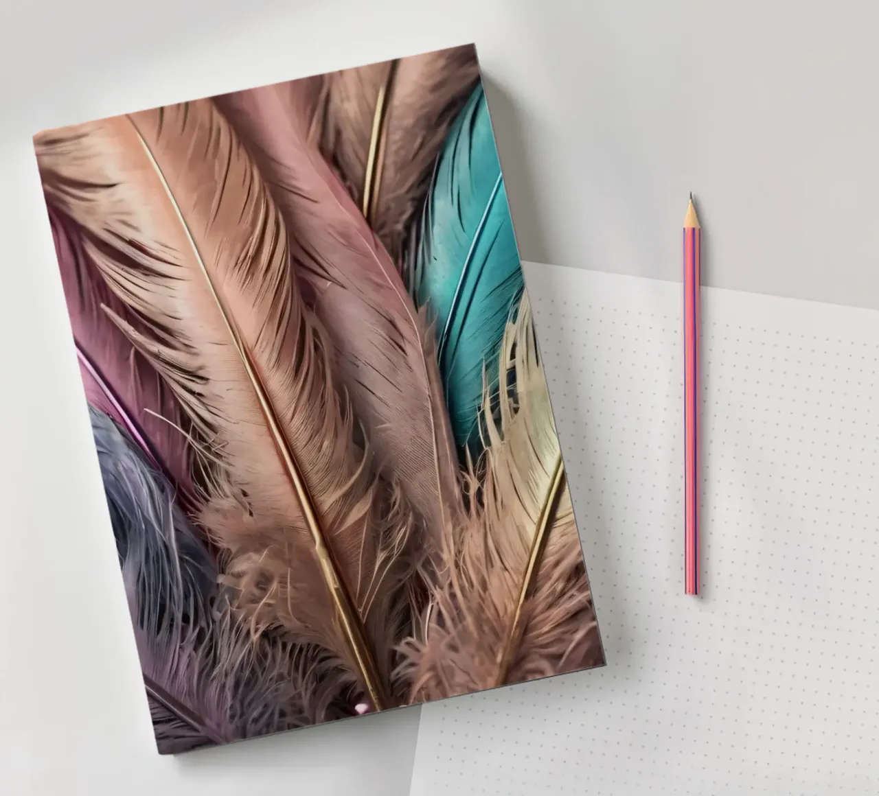 Colorful collection of feathers displayed creatively notebook by DesignDoodle