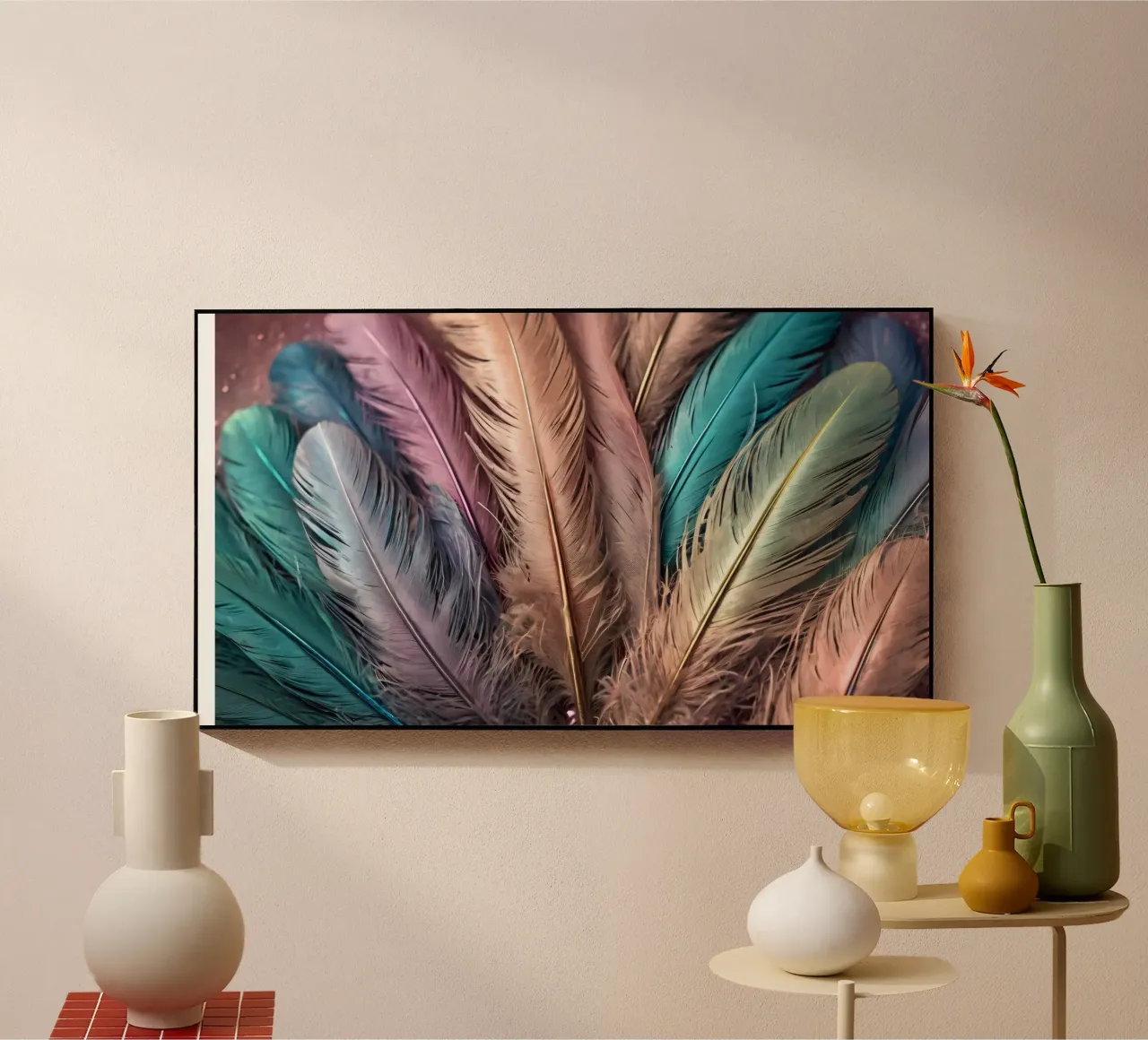 Collezione di piume colorate esposte in modo creativo plexiglass da DesignDoodle