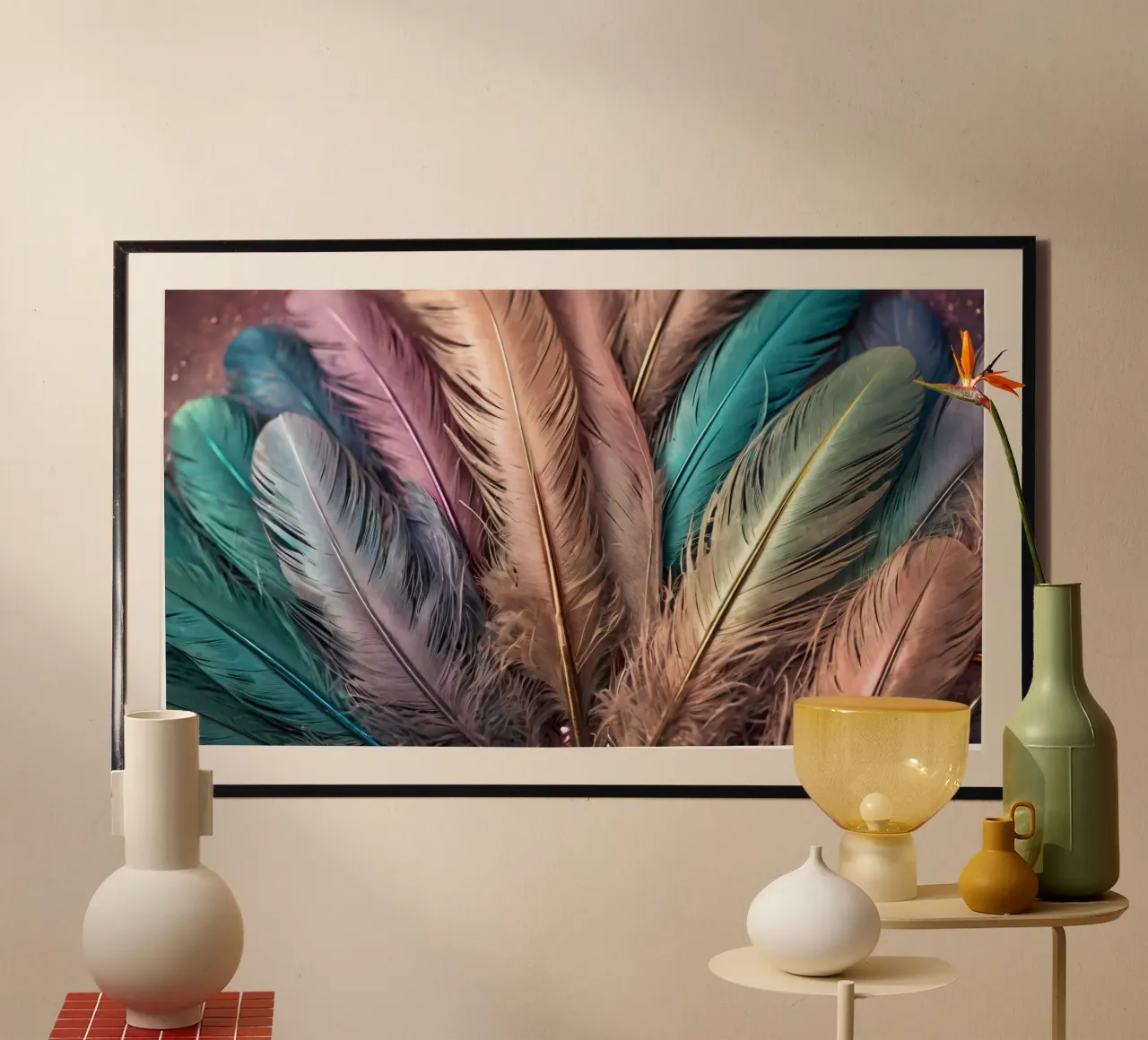 Collezione di piume colorate esposte in modo creativo poster con telaio in alluminio da DesignDoodle