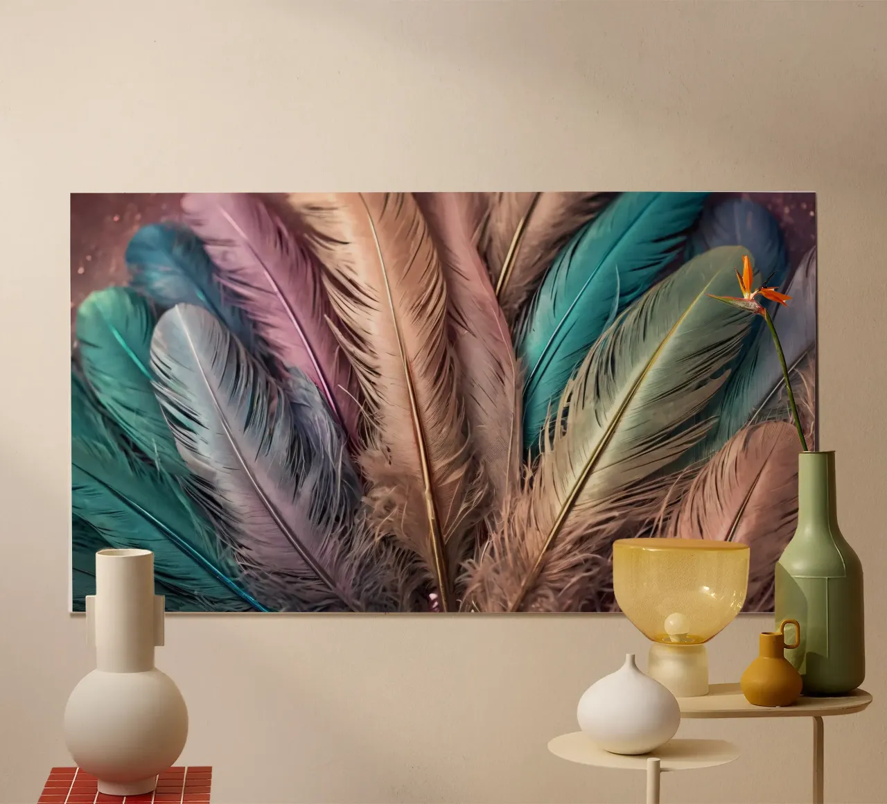 Collezione di piume colorate esposte in modo creativo poster con telaio in alluminio da DesignDoodle