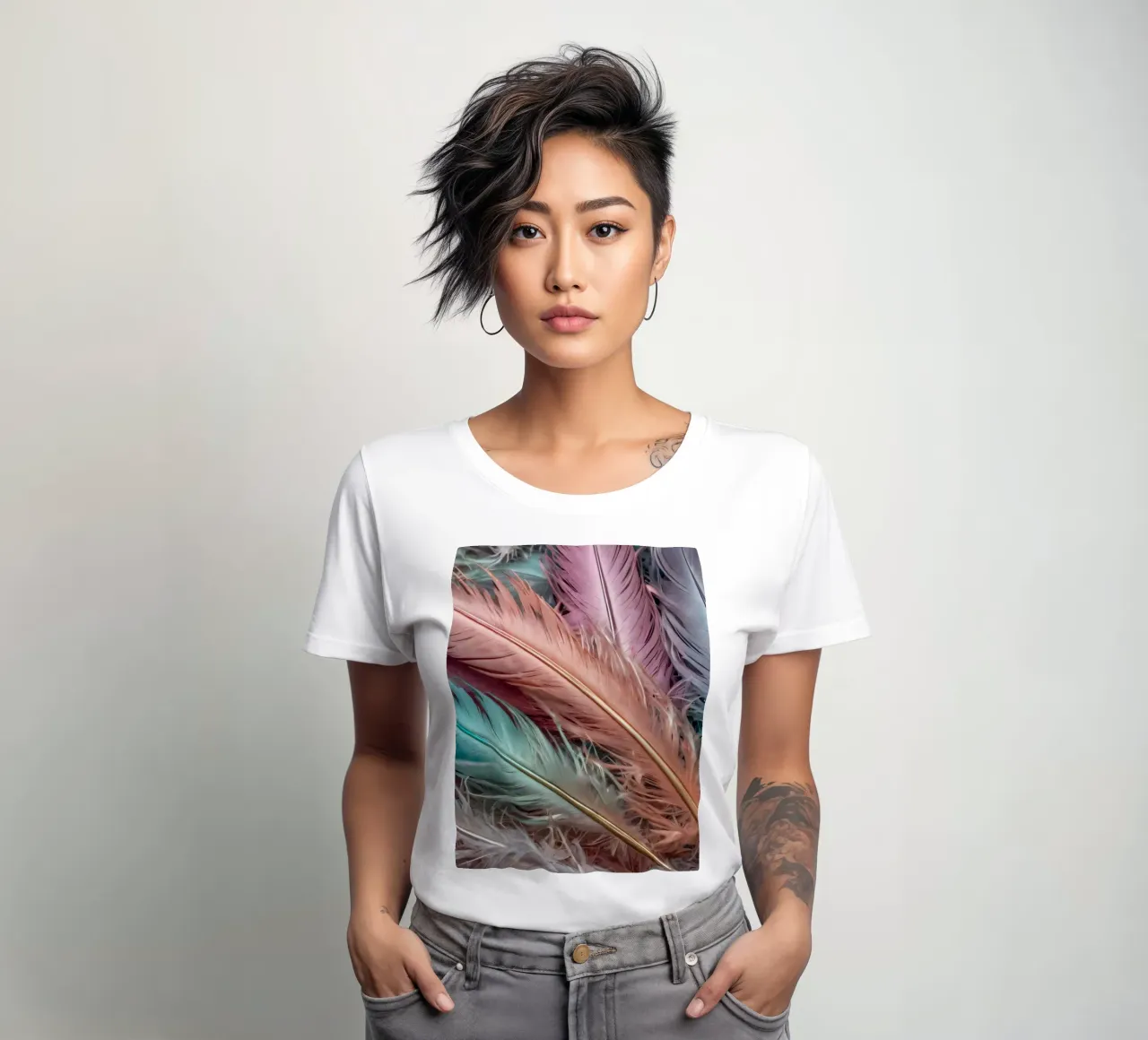 Colorful feathers arranged in a vibrant pattern with pastel women's fitted t-shirt by DesignDoodle