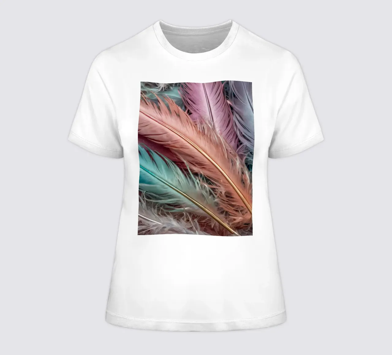 Colorful feathers arranged in a vibrant pattern with pastel women's fitted t-shirt by DesignDoodle