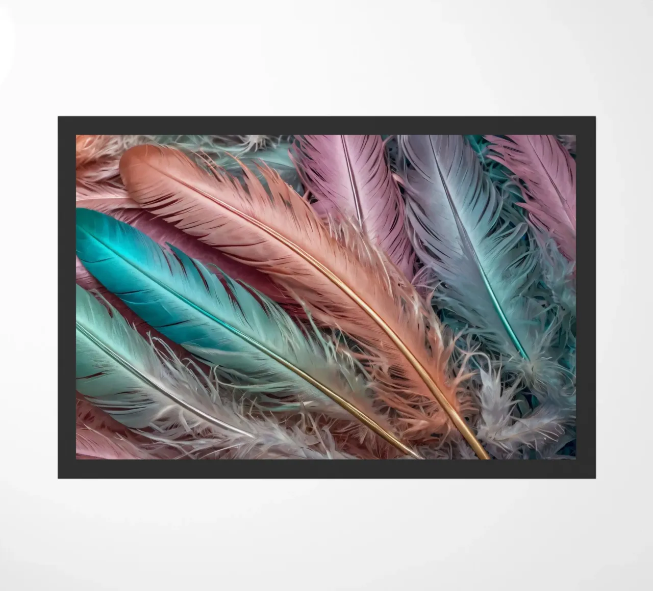 Piume colorate disposte in un motivo vivace con colori pastello. zerbino da DesignDoodle