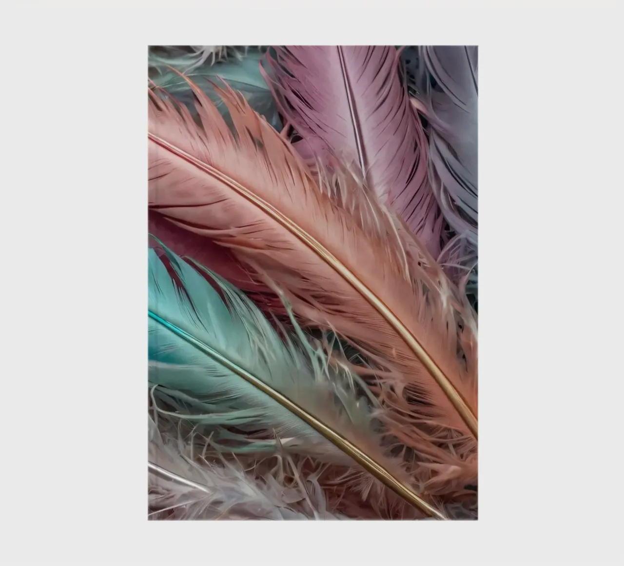 Colorful feathers arranged in a vibrant pattern with pastel notebook by DesignDoodle