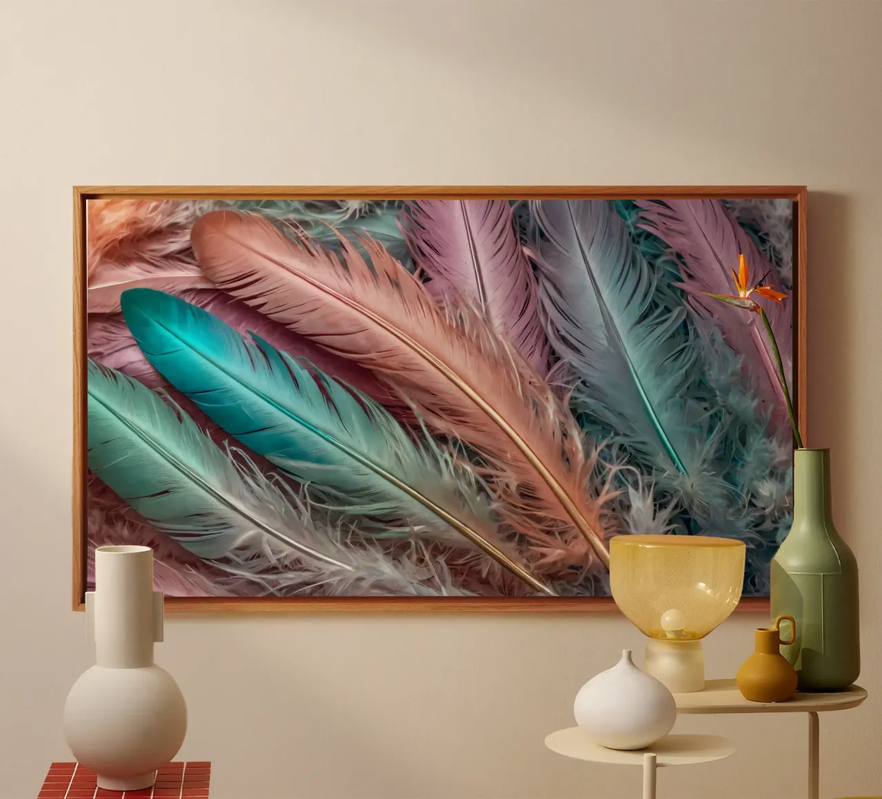 Colorful feathers arranged in a vibrant pattern with pastel canvas by DesignDoodle
