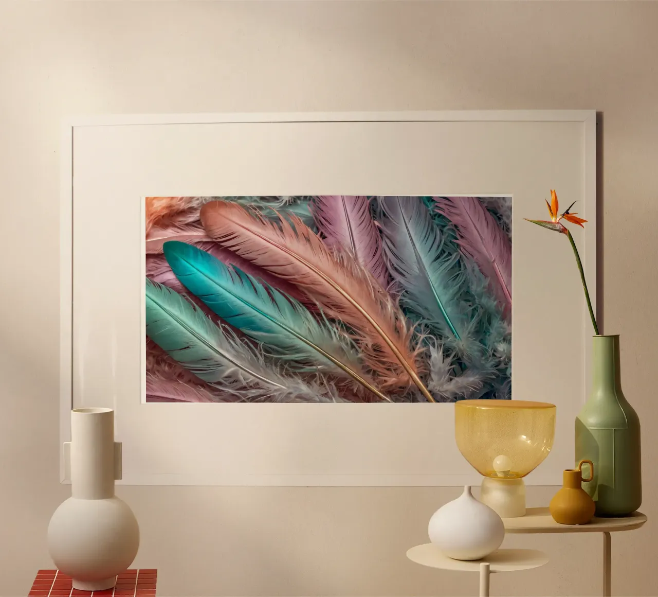 Piume colorate disposte in un motivo vivace con colori pastello. poster con telaio in legno da DesignDoodle