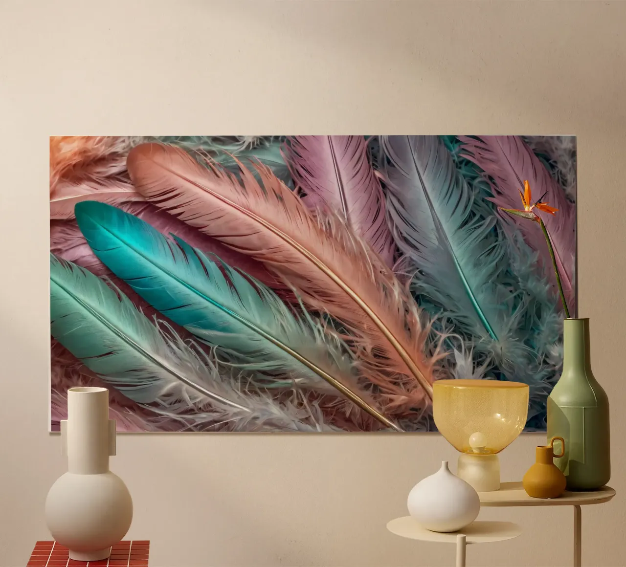 Piume colorate disposte in un motivo vivace con colori pastello. poster con telaio in legno da DesignDoodle