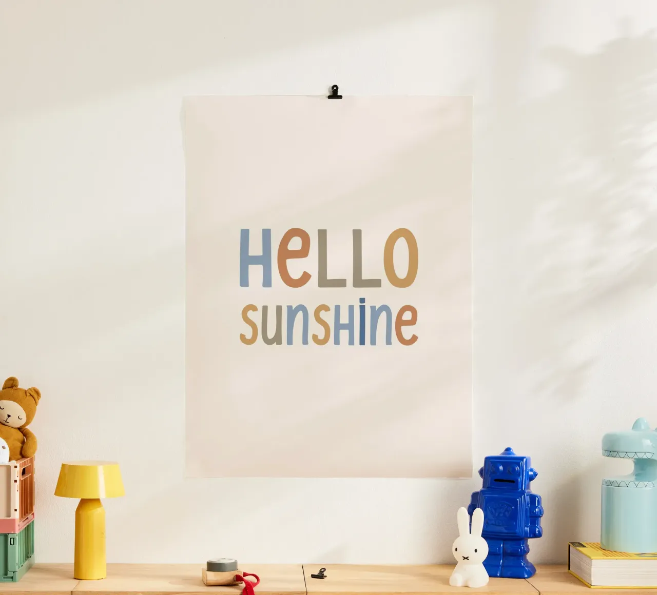 Hello Sunshine Typografie Boho Kids poster with plastic frame by Kathrin Woo Design