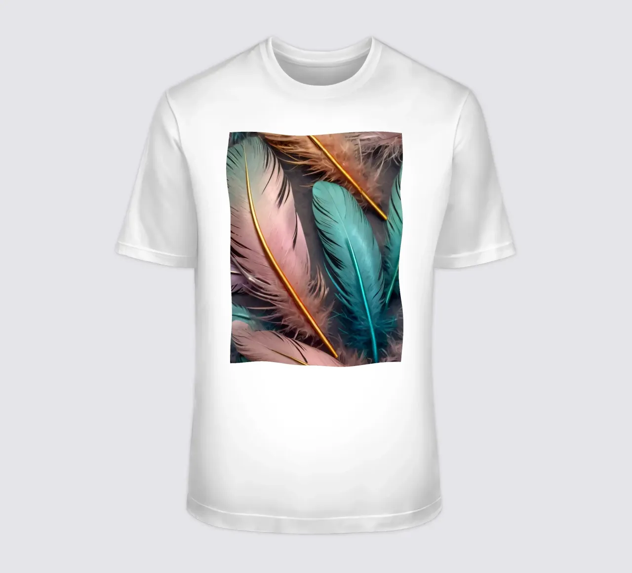 Piume colorate disposte artisticamente su uno sfondo scuro t-shirt da DesignDoodle