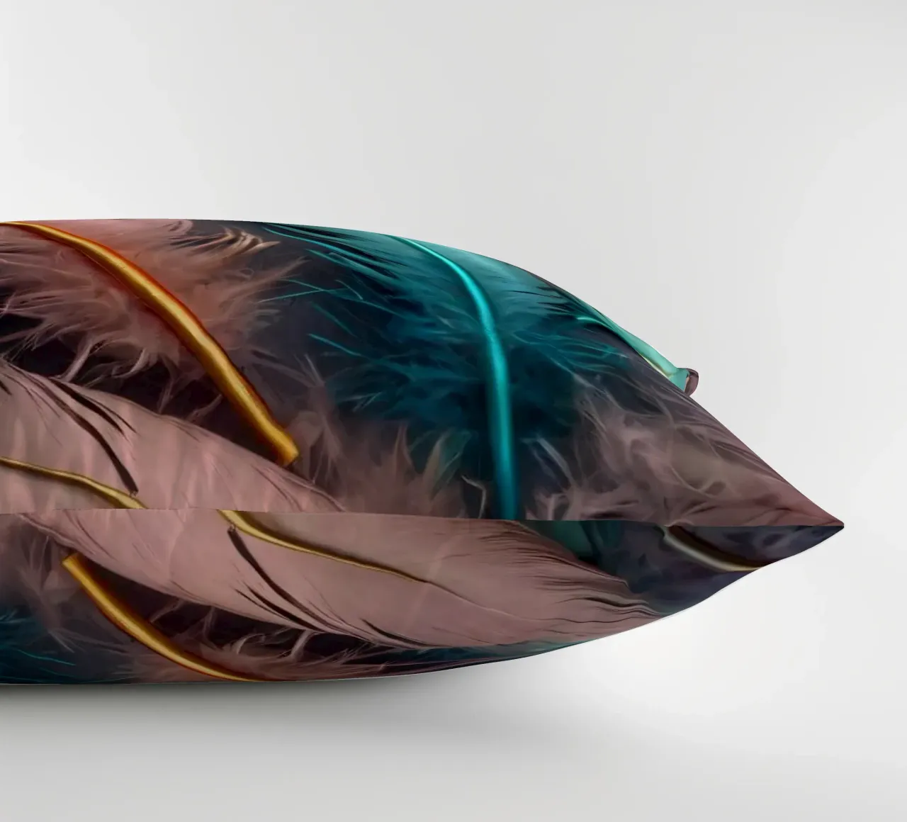 Piume colorate disposte artisticamente su uno sfondo scuro cuscino da DesignDoodle