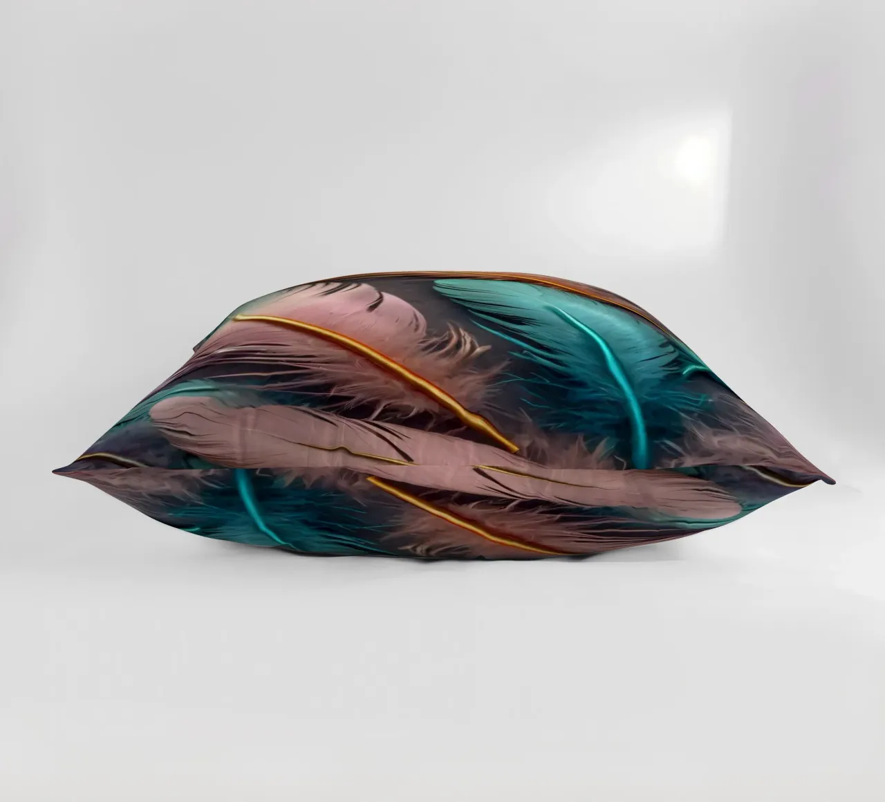 Piume colorate disposte artisticamente su uno sfondo scuro cuscino da DesignDoodle